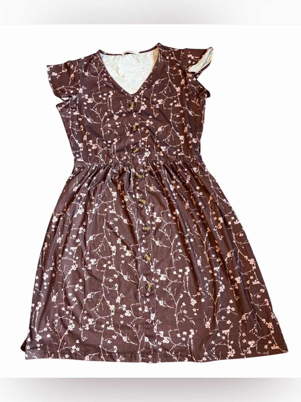 Floral V-Neck Brown Button-Front Mini Dress